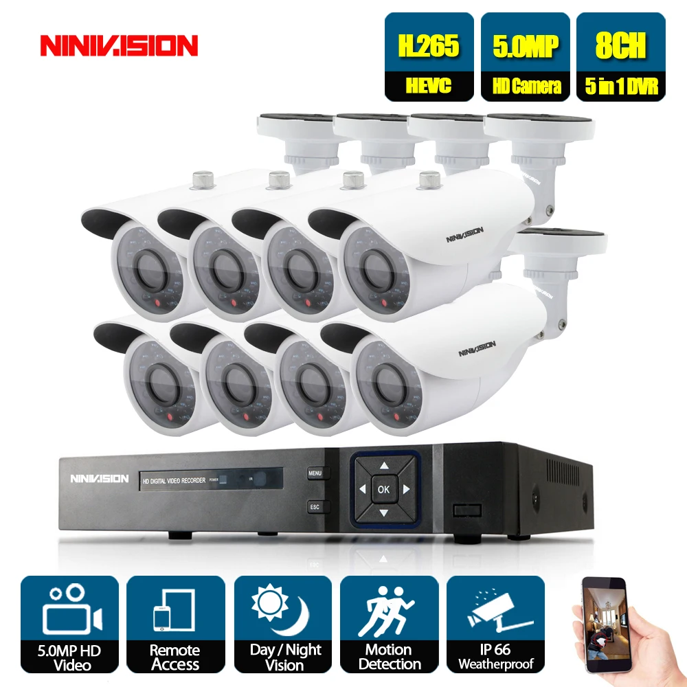 

H.265 8Ch 4MP 5MP AHD DVR NVR CCTV Camera System 5MP AHD Camera 2592*1944 Outdoor Waterproof Video Security Surveillance Kit