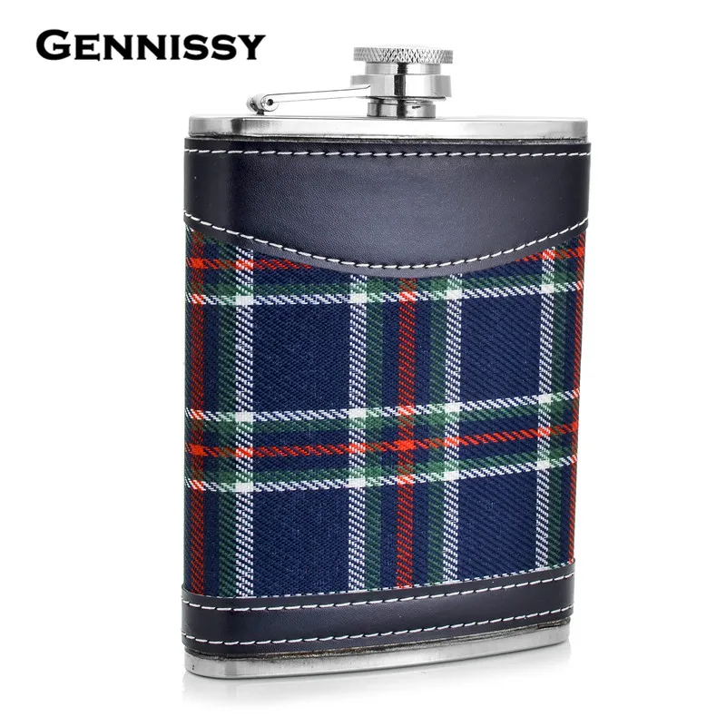 

GENNISSY Plaid Stainless Steel Hip Flask Gift for Men Print Portable 7OZ 8OZ Mini Pocket Whiskey Alcohol Leather Drink Flasks
