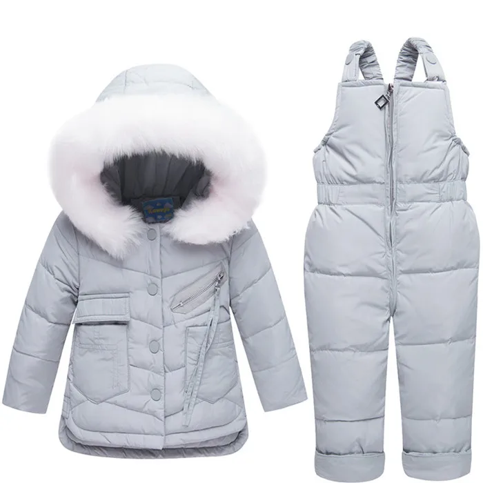 Г., теплые зимние комплекты одежды для маленьких девочек лыжные костюмы для девочек Детская верхняя одежда пуховое пальто с капюшоном и мехом, куртка+ комбинезон, комплект из 2 предметов - Цвет: Gray