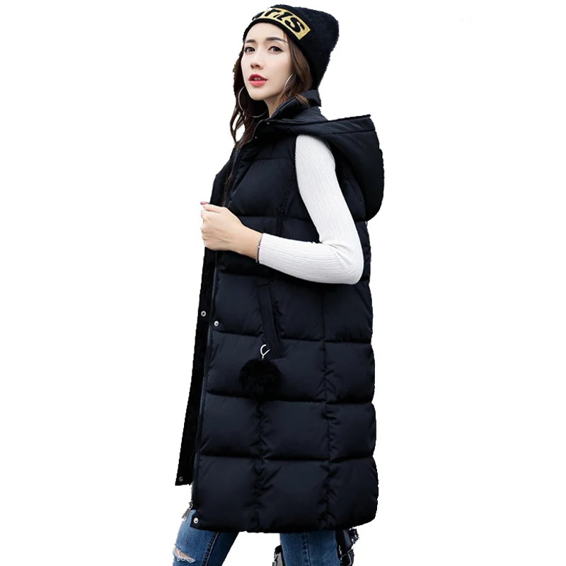 Autumn Winter 2017 Women Long Vest Hairball Hooded Slim Warm Vest