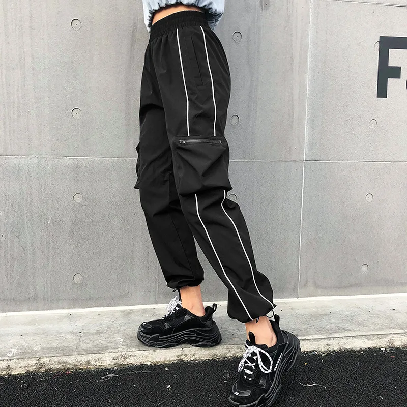 Харадзюку, повседневные черные брюки-карго, женские полосатые ...