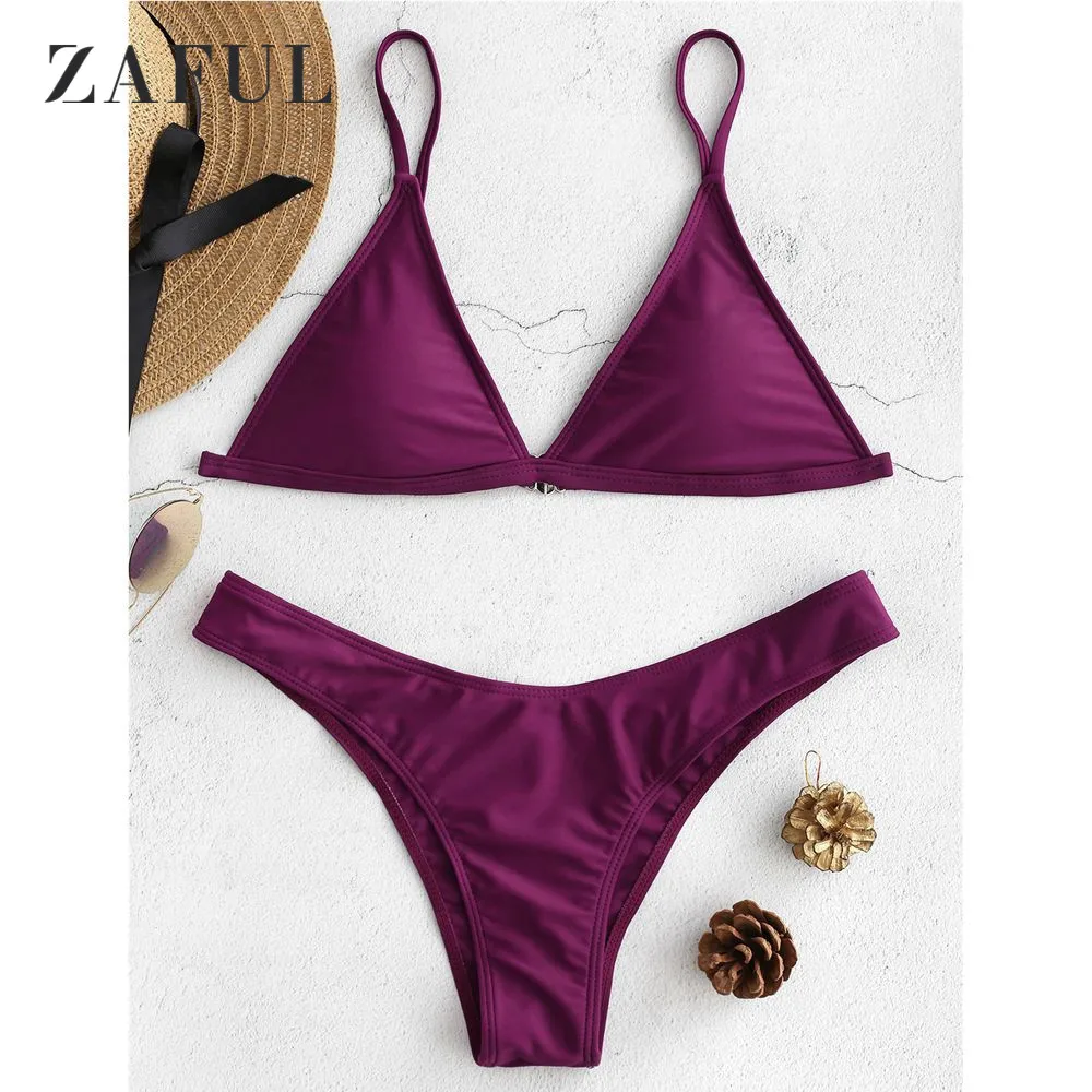  ZAFUL Cami Thong Bikini Swimwear Women Swimsuit Sexy Spaghetti Straps V- Neck Padded Bikini Set Swi