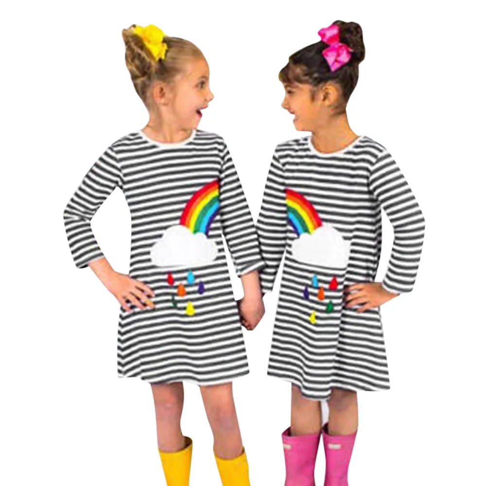 Kids Toddler Girls Long Sleeve Dress Cartoon Rainbow Stripe Party Casual Clothes