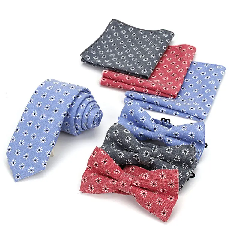  3 Pcs/Set Men NeckTie Set Bowtie Slim Necktie Skinny Narrow Tie Pocket Square Handkerchief Suit Set