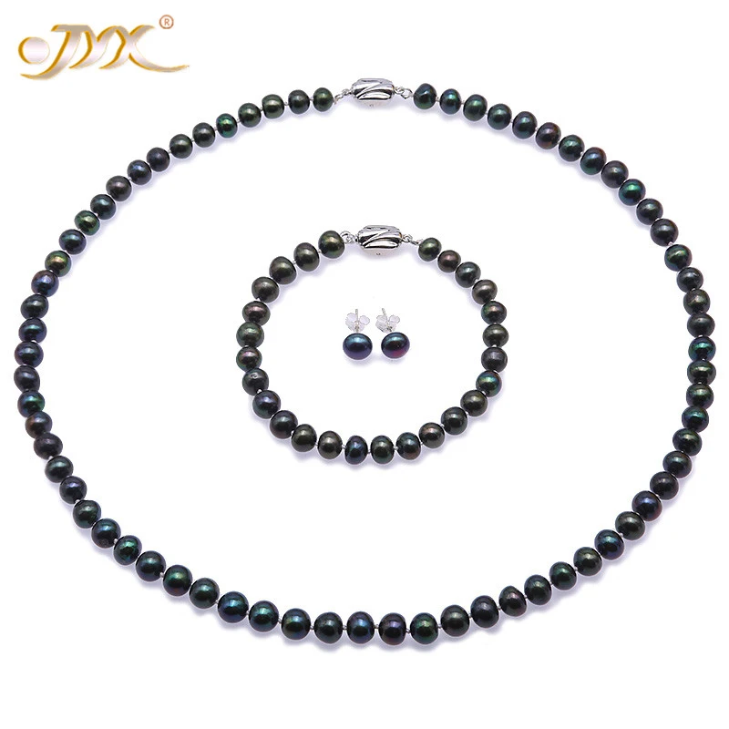 JYX Elegant Pearl Necklace Set Pretty 7-8mm Black and Blue Flat Round Freshwater Pearl Necklace Bracelet and Earrings Set