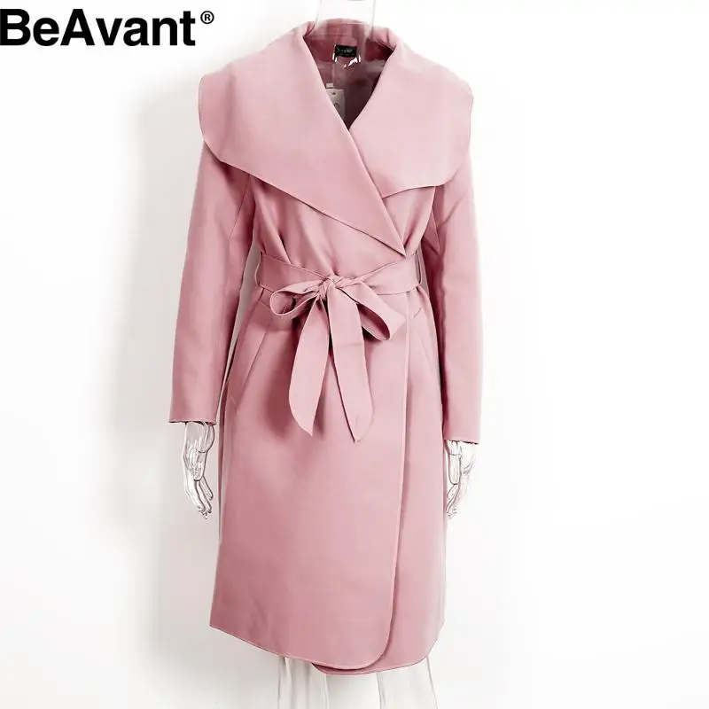BeAvant теплое шерстяное пальто с оборками женское розовое длинное пальто с отложным воротником осеннее женское черное зимнее пальто Верхняя одежда - Цвет: Розовый