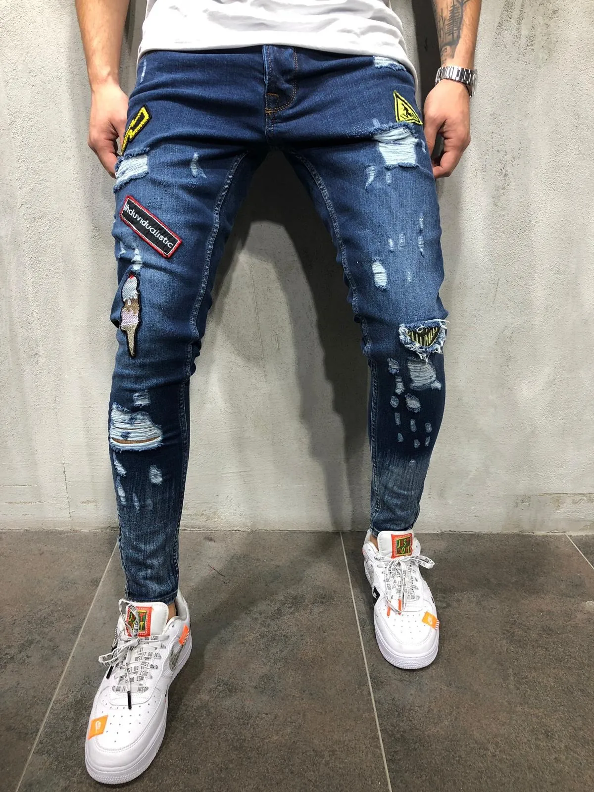 Мужская мода Винтаж рваные джинсы супер узкие Slim Fit на молнии джинсовые штаны рваные потертые мотобрюки мультфильм Готический стиль