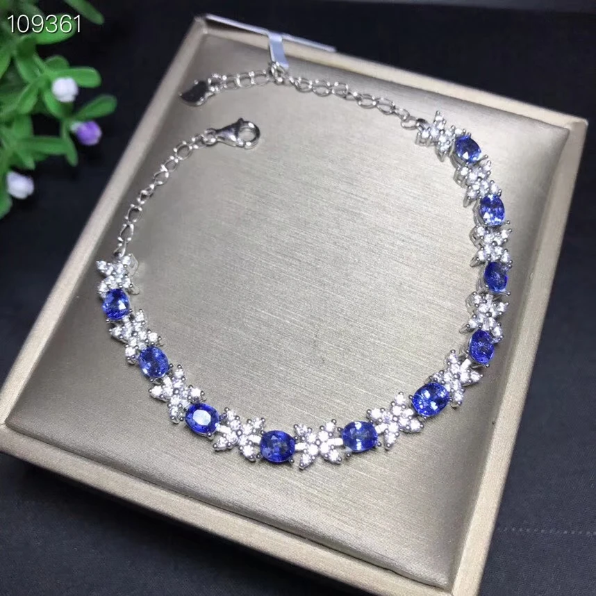 Восхитительный натуральный драгоценный камень, синий сапфир браслет для женщин с серебром