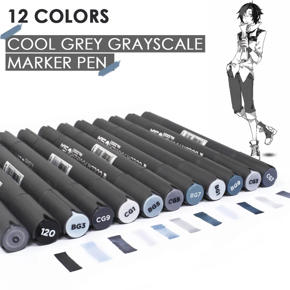 

12 Color Grayscale Marker Pen Set Cool Grey Dual Head Sketch Art Markers Painting Set Drawing for Manga Animation Art Supplies