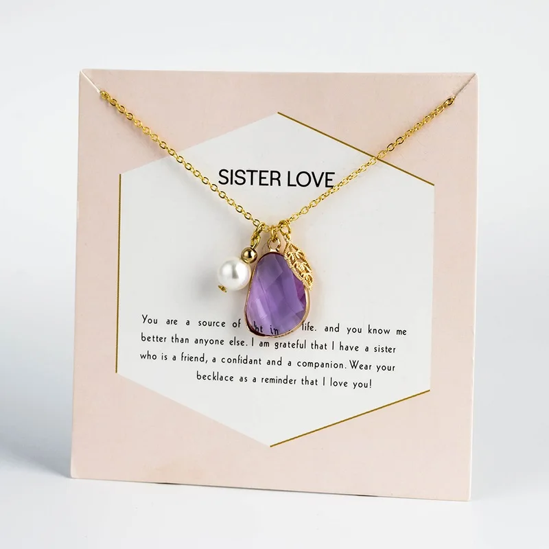Открытка желаний, 4 вида цветов, жемчужное хрустальное ожерелье в форме листа, медное ожерелье для женщин, для моей сестры, любовь, лучший подарок в виде карты, духи, masculino EY6086 - Окраска металла: purple