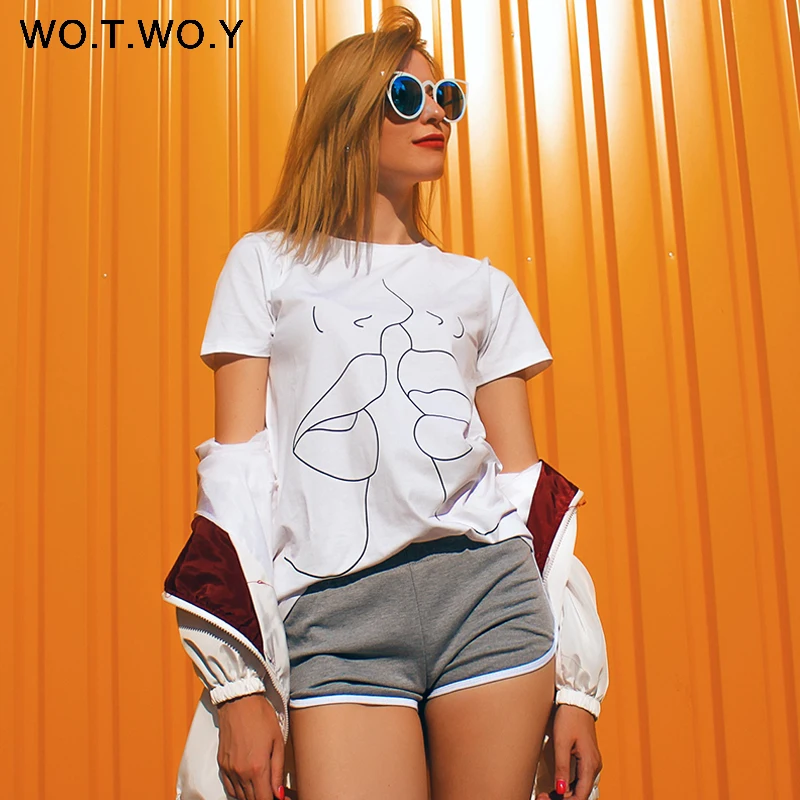 WOTWOY Tumblr Lips футболка женская летняя с круглым вырезом повседневные топы с принтом женская хлопковая с коротким рукавом забавная футболка Женская Harajuku