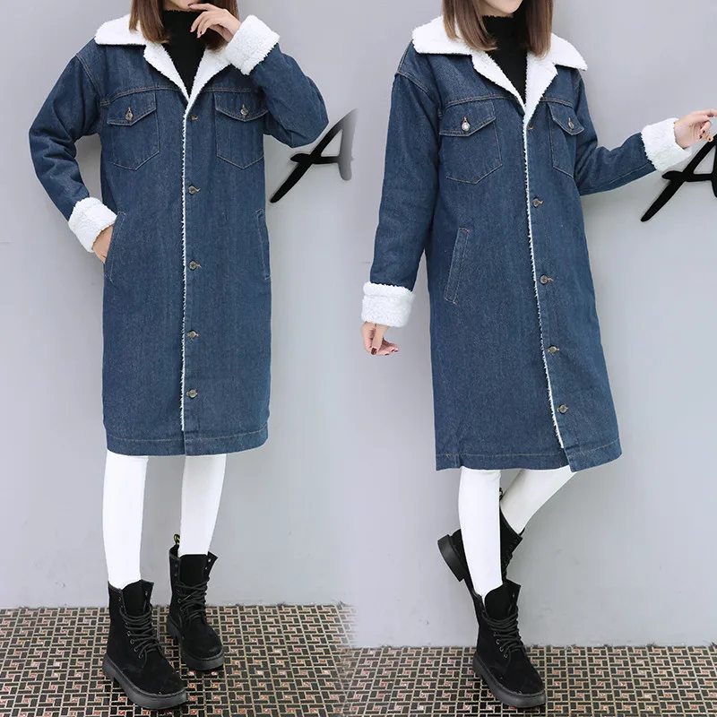 Kopen Hodisytian Winter Mode Vrouwen Geul Dikke Jas Volledige Mouw Fleece Warm Slanke Lange Denim Windjack Bovenkleding Casaso Femme