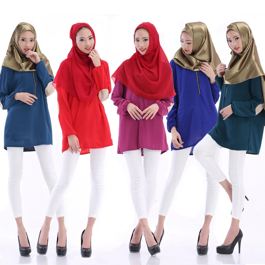 

Long Sleeves Muslim Chiffon Upper Garment Pure Color Singapore Muslim Women's Blouses and Shirts Middile East Clothing for Girls
