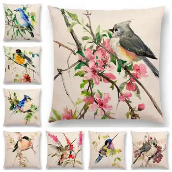 Watercolor Lovely Birds Cushion Cover Robin Tit Finch Hummingbird Goldfinch Sparrow Prints Pillow Case the goldfinch