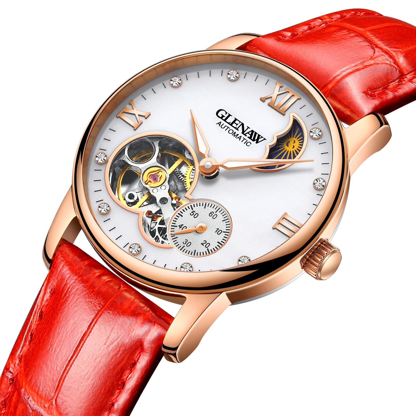 

GLENAW Leather Strap Women Watch Tourbillon Waterproof Mechanical Lady Watch for Woman Wristwatch Relogio Feminino Montre Femme