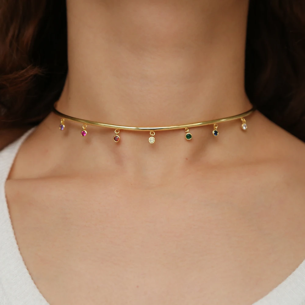 

2019 Modern fashion dangle rainbow cz torques necklaces gold color bohemia chic open collar necklace open cuff choker for women