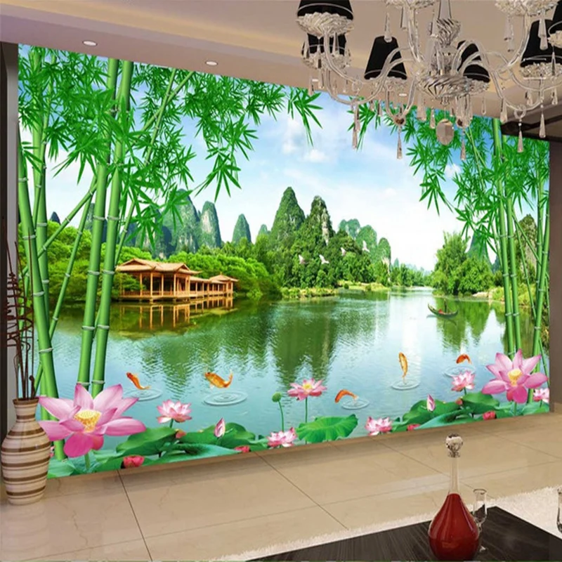 3D бамбуковые обои для фотографий лотос природа пейзаж гостиная ТВ диван фон