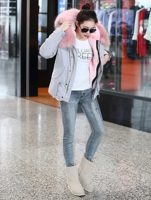 Best price at $158 Cheap plus size 2016 brand new grey winter jacket coat women parka with natural real large light pink fur collar hooded thick warm