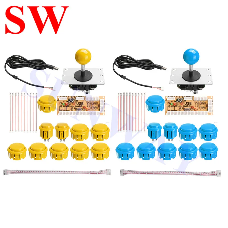 Blue with Yellow 2 player DIY Arcade Kits for PC USB Encoder + Sanwa Style Joystick with PCB Board + 30mm/24mm Arcade Buttons 