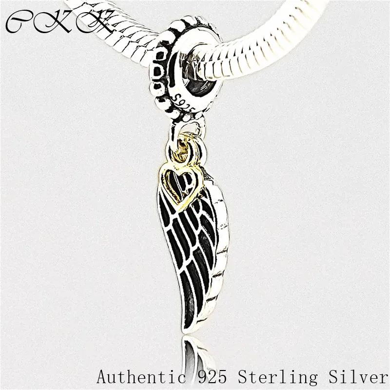 

100% 925 Sterling Silver Angel Wing Dangle Beads With 14K Real Gold Heart for Jewelry Making Fit Bracelets DIY YL074