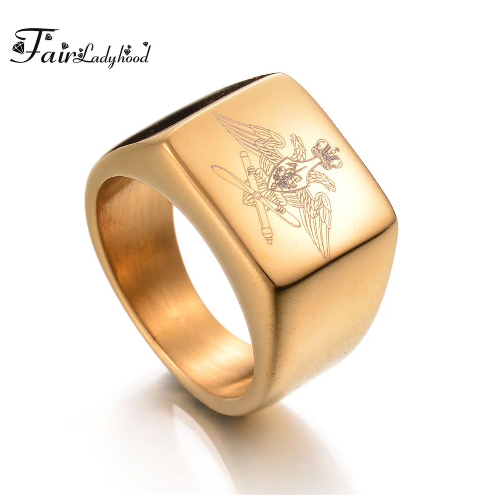 

FairLadyHood 316L Stainless Steel Eagle Ring Russian Navy Army Air Force Signet Ring Band Men Biker Ring Laser Engraved Jewelry