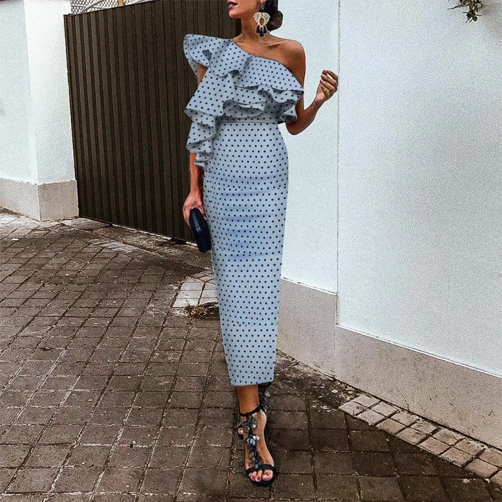 

Irregular One Shoulder Women's Party Dress 2019 Elegant Summer Dresses Bodycon White Dress Braided Ruffles Slit Hem Women's Dres