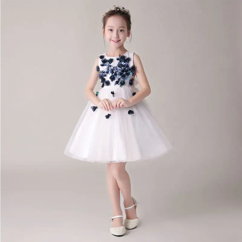

2019 Kids Girl Lace Pearls Wedding Dress Children Sequins Beads Christmas Party Dress Baby Girl Mesh Bow Princess Prom Gown Q575