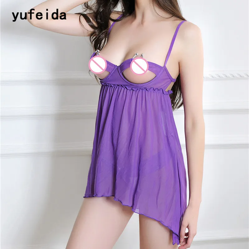 

YUFEIDA Sexy Women's Lingerie Open Breasts Babydoll Lace Nightgowns Dress Hot New Robe Sleepshirts Nightwear Sleepwear+G-string