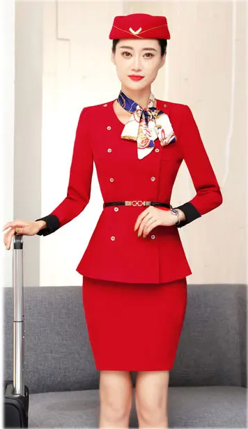 red coat and skirt IZICFLY, стиль, красная стюардесса, одежда для официанта, женский брючный костюм, отель, прием, спа, ресторан, униформа официантки для работы - Цвет: red coat and skirt