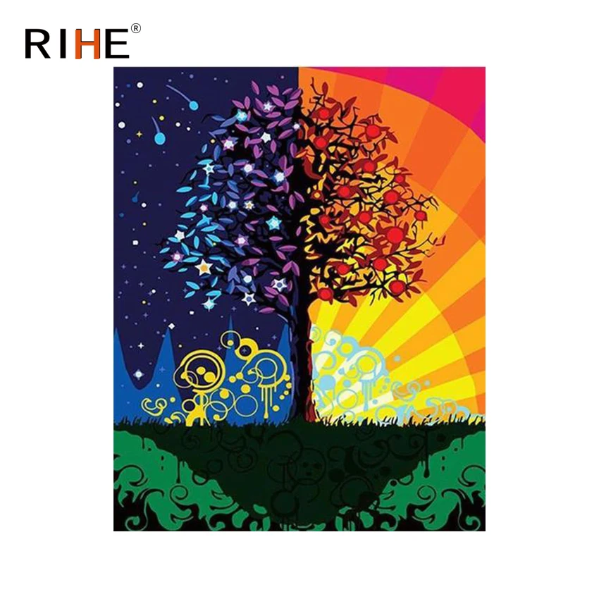 

RIHE Night Day Scenery Diy Painting By Numbers Abstract Tree Oil Painting On Canvas Cuadros Decoracion Acrylic Modern Wall Art