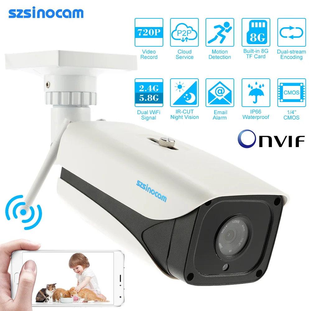 

Szsinocam HD 720P 2.4G/5.8G Wireless Wifi IP Camera 1.0MP Outdoor IR CUT 8G TF Card Waterproof Security IP Camera Onvif2.4