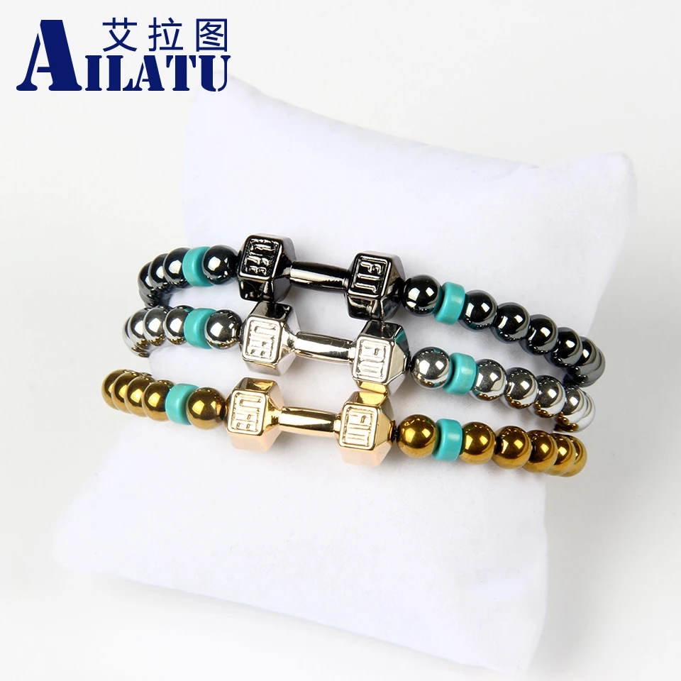

Ailatu Hot Sale Men's Powerful Dumbell Jewelry 6 mm Hematite Beads with Alloy Metal Fitness Dumbbell Charm Bracelet