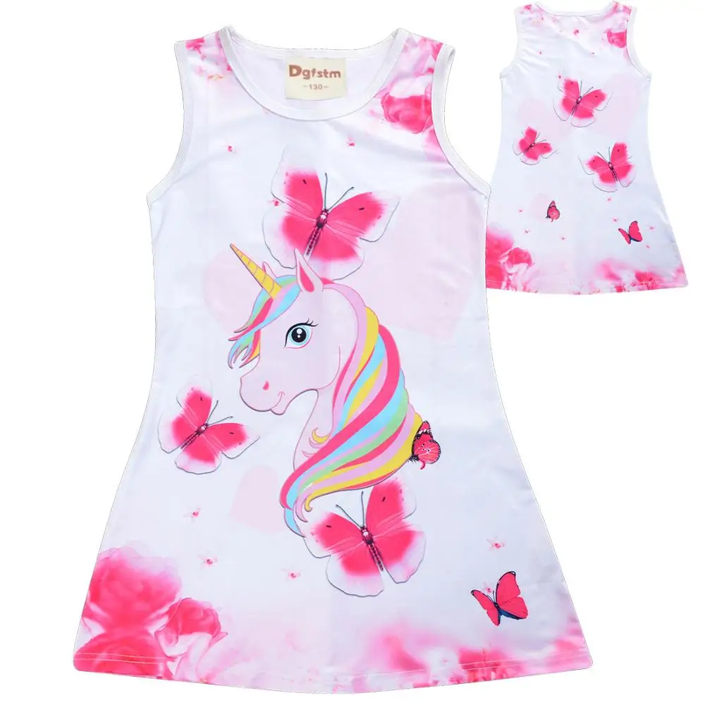 2019 Summer Girls Dress Butterfly Unicorn Print Kids Dresses Baby Girls Princess Dress Party Clothes Sleeveless Birthday Dresses