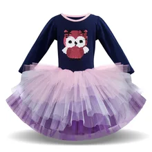 Темно-синее хлопковое Радужное платье с длинными рукавами и рисунком Совы нарядное платье из тюля с кружевом для девочек элегантная одежда с юбкой-пачкой для дня рождения для маленьких детей, BW058