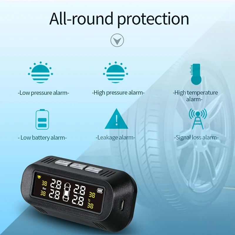 Tpms Солнечная энергия универсальная, беспроводная система контроля давления в шинах с 4 внутренними датчиками, дисплеи в реальном времени 4 Tires'Pressur