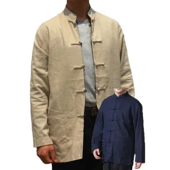 

Beige-Navy Blue Reversible Men's Cotton Linen Two-Face Jacket Coat Long sleeve Tang Suit Size S M L XL XXL XXXL