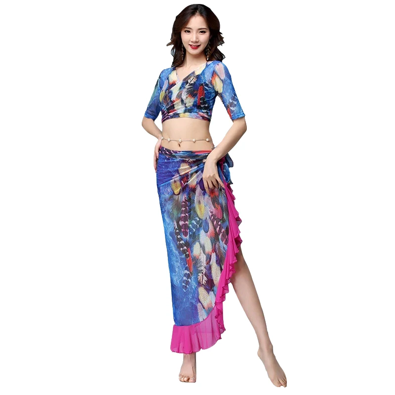 

New Fashion Women Dance Clothing Class Wear Spandex Stretchy Colorful Tie-dye Peacocks Belly Dance Costume Top Skirt 2pcs
