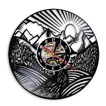 

Scenic Mountain View Gold Sun Vinyl Record Wall Clock Mountain Landscape Wall Art Decor Clock Watch Traveller Adventurer Gift