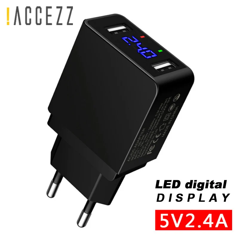 

!ACCEZZ LED Display Dual USB Phone Charger EU Plug 5V 2.4A Fast Charging Travel Wall Adapter For iPhone X iPad Tablet Samsung LG