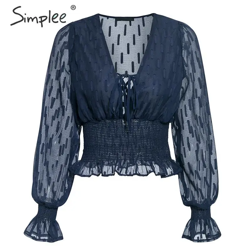 Simplee Ruffled v -neck women chiffon blouse shirt Puff sleeve female peplum top shirt Elastic high waist lace up ladies shirt