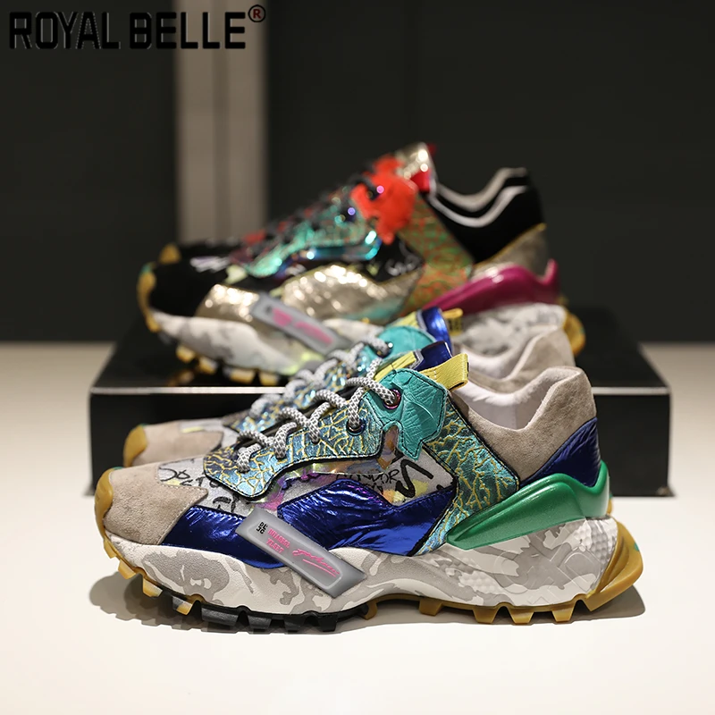

Royal Belle Women Fashion Sneakers Genuine Leather Graffiti Platform Sneakers Patchwork Thick Sole Espadrilles Ladies Shoes 2019