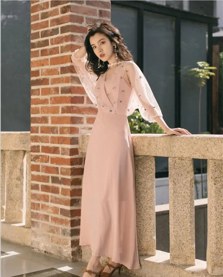 

Pink Midi Dress Women Summer Mesh V-Neck Casual Loose Elegant Party Dress