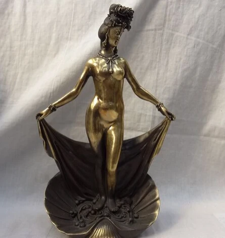 

JP S0114 11" Chinese Pure Bronze Gilt Art Shell Conch Standing Fairy Belle Brass Statue