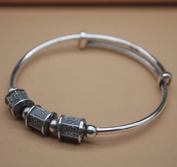 

Real S999 Silver Bangle Retro Sutra Buddhism Bead Women's 55-58mm Adjustable Gift Fashion Friend Hot Sale