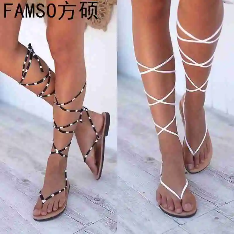 

FAMSO 2019 Size 34-43 Shoes Women Sandals Patchwork Flip Flops Shoes Black White Knee High Lace-up Summer Flats Heels Sandals
