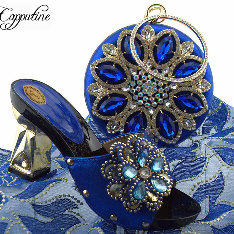 

Capputine Newest African Woman Shoes And Bags Matching Set Nigeria Party Shoes And Bag Set New Royal Blue Shoes And Bag Set