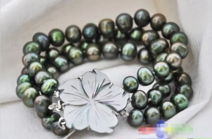 

Free shipping hot sale Women Bridal Wedding Jewelry >>BEAUTIFUL 3row 8" 9mm green round freshwater cultured pearl bracelet