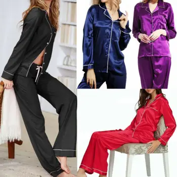 

2019 Hot Autumn Womens Pajamas Two Priece Set Solid Color Long Pajamas Set Button Closure Silk-like Satin Sleepwear with Pants