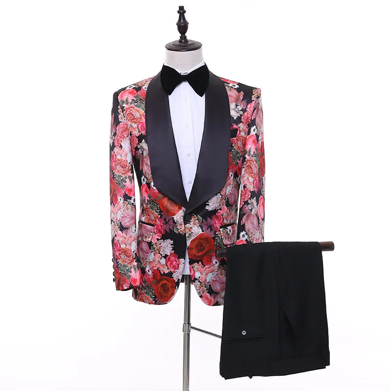 2 Piece Men Suits Flower Tuxedo Custom Made Floral Suits with Pants