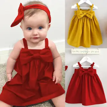 

Cute Baby Girls Summer Sundress Bowknot Short Mini Vest Dress Toddler Kids Cotton Casual Dresses Sleeveless Outfit Red&Yellow